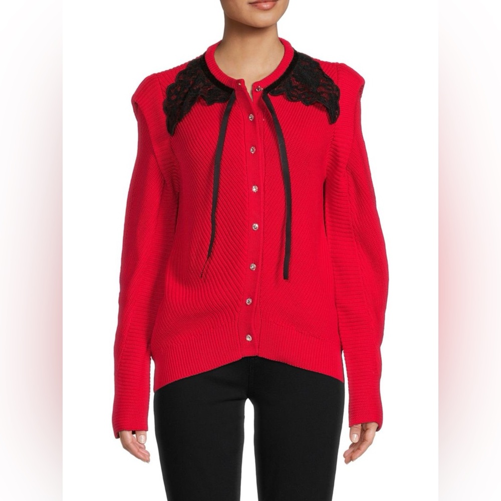H HALSTON  Lace Yoke Wool Blend Cardigan In Halston Red XS